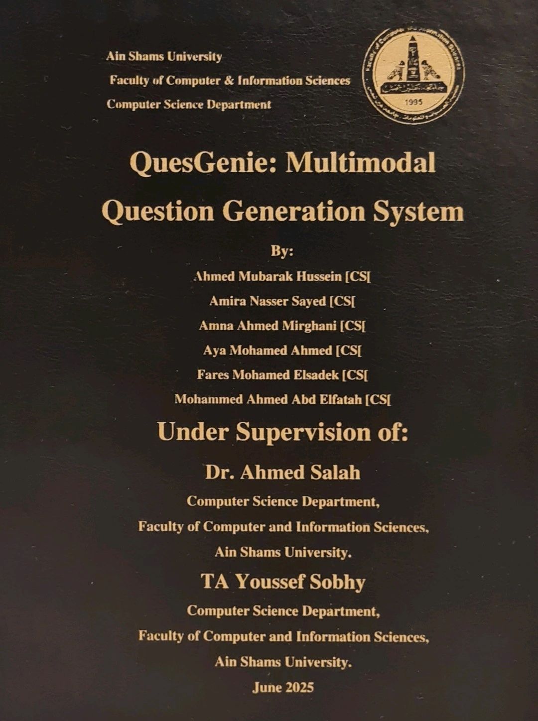 Cover page of our graduation project documentation, with the names of team members and supervisors.